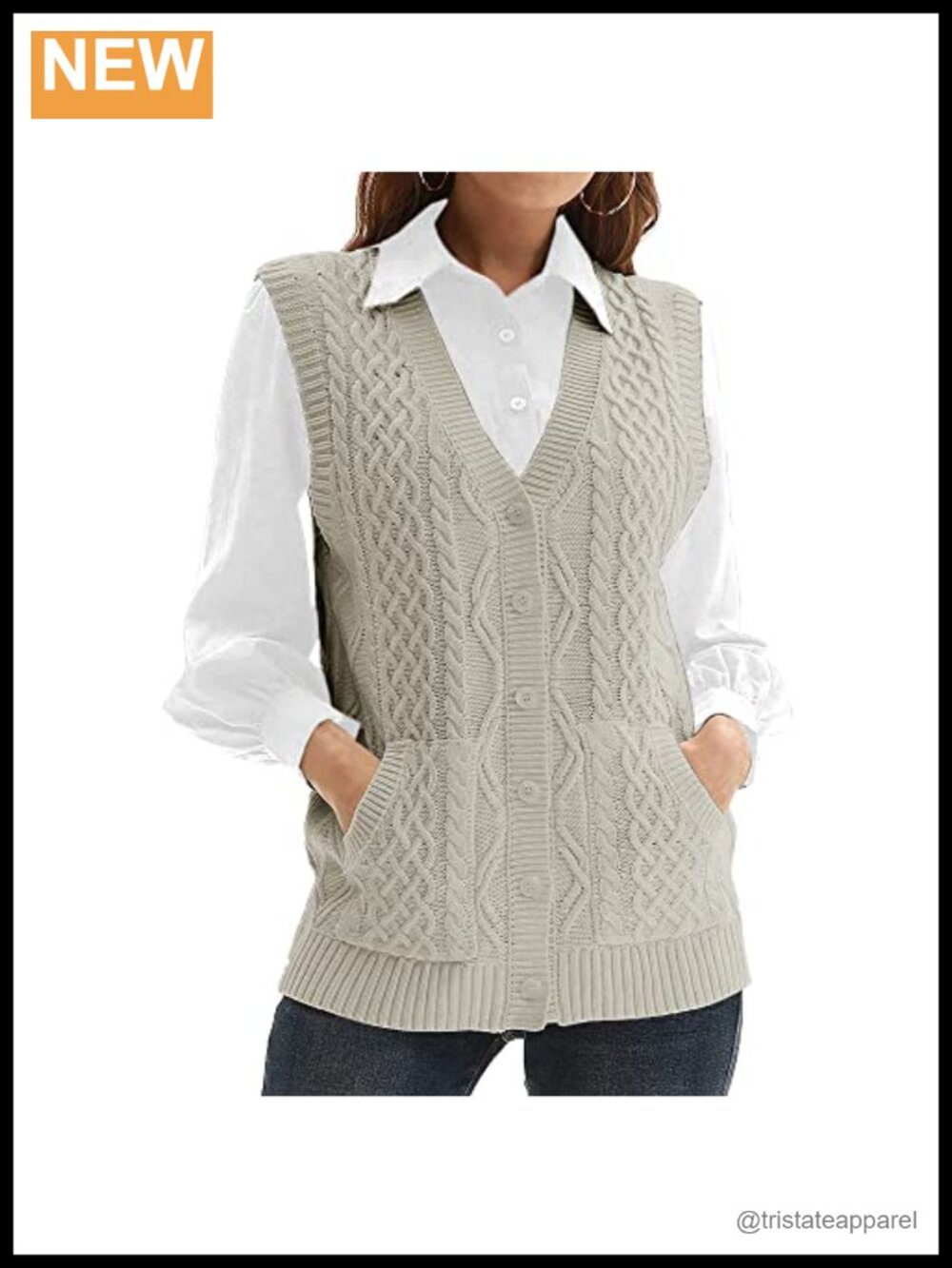 Viscose Cable Knit Sleeveless Sweater Vest V Neck Button Down Casual